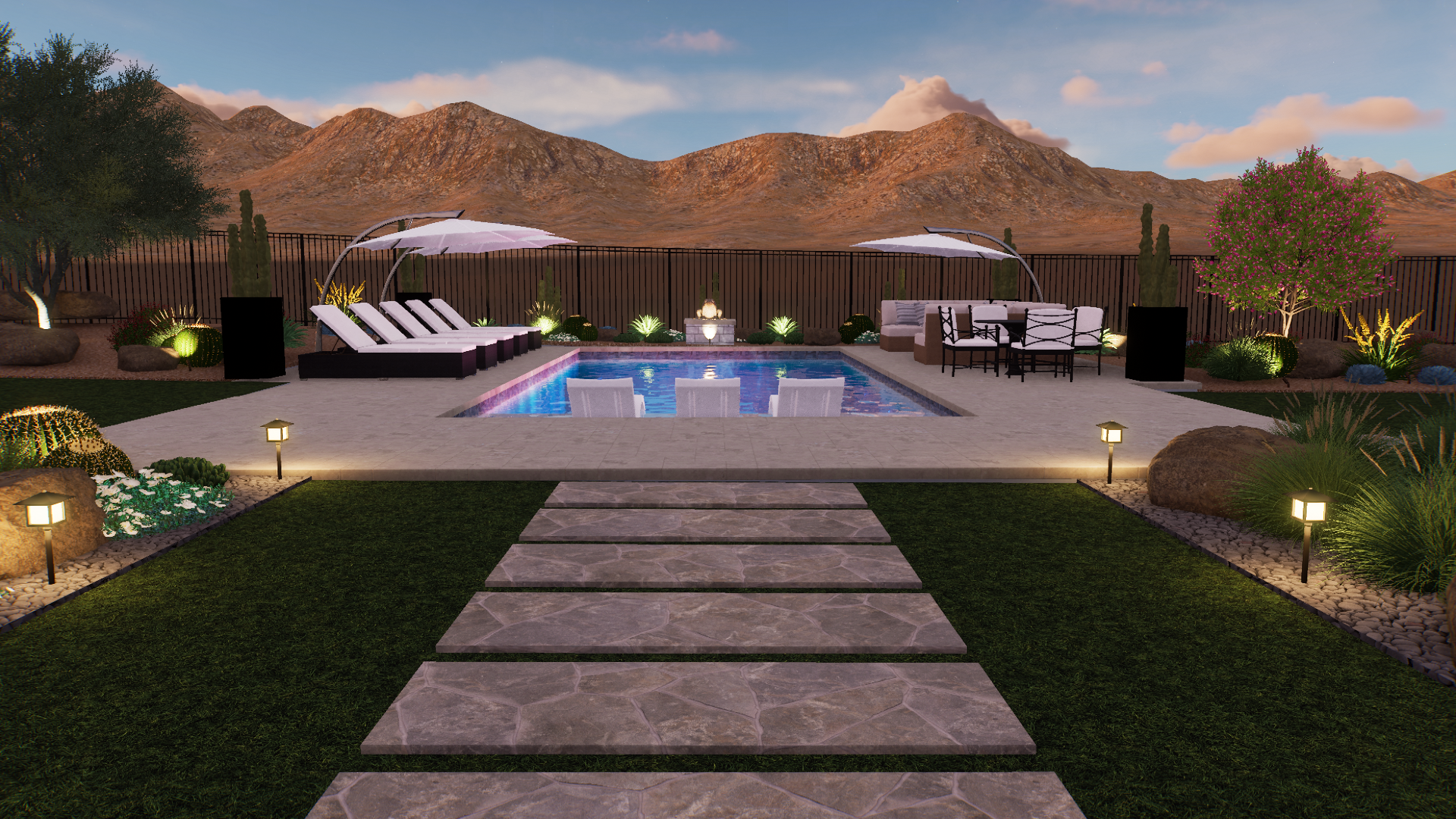 3D rendering of a luxury Arizona backyard with pool, lounge chairs, and desert landscaping